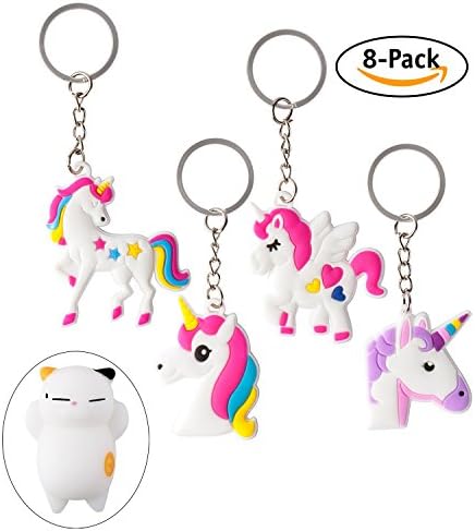 Hello Kawaii Unicorn Party Favour Keychains (8-Pack Assortment) Bundle with Random Mochi Squishy