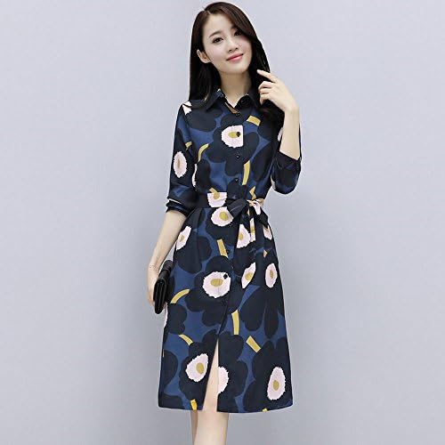Y dress Autumn Fashion Printing Long Sleeves Were Thin in the Long Section of the Dress Lace Waist Open Collar Lapel Women,Color,2XL
