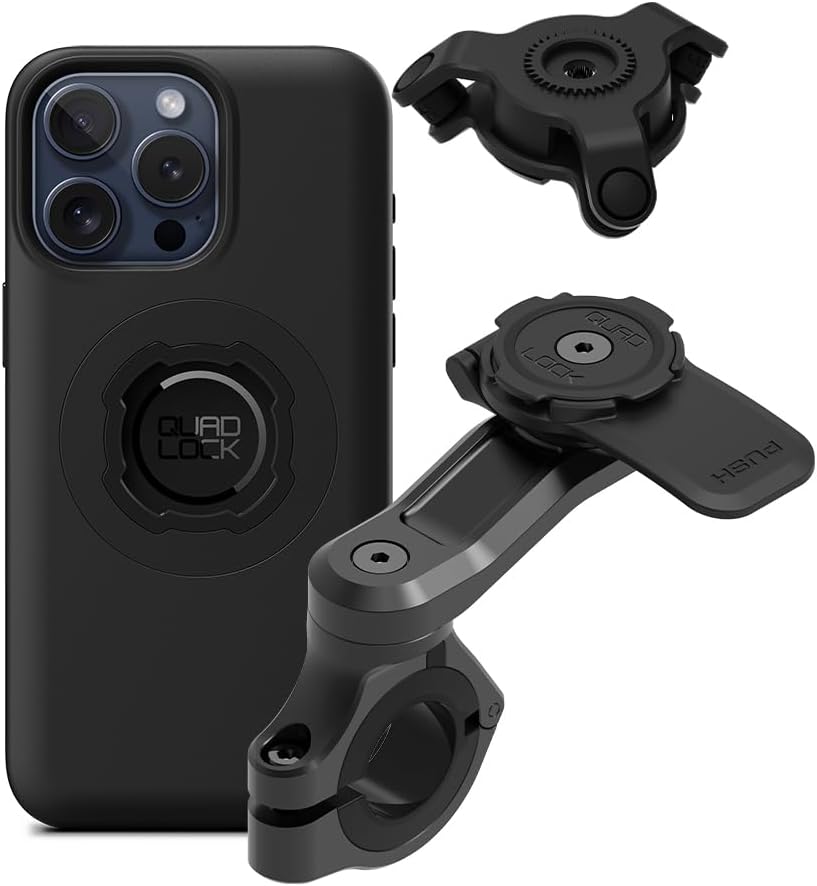 QUAD LOCK Soporte de Teléfono para Manillar de Moto Pro con Amortiguador de Vibraciones y Funda mag para iPhone 15 Pro MAX