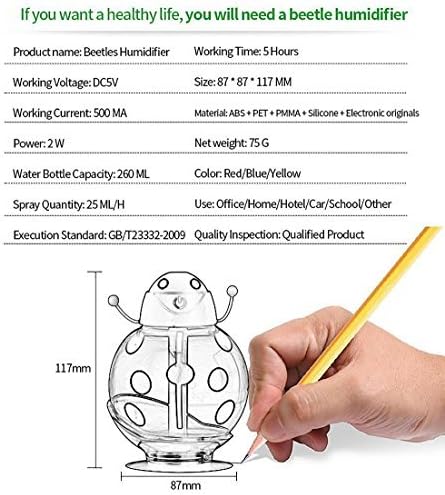 Arpoador Cool Mist Humidifier Cute Beatles Shape 260ml Personal Mini Portable Night Light Air Humidifier USB Rechargeable Aromatherapy Diffuser Purifier Yellow