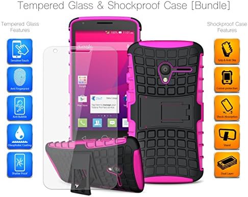 MobiBax For LG Fortune/LG K4 (2017) Prime Ultimate Bundle Tempered Glass Screen Protector and Strong Tough Defender Shockproof Armour Grip Case Cover for Drivers Builders in HOT PINK