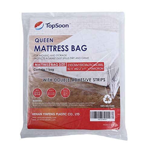 Topsoon Queen Size - Bolsa de colchón resistente con tiras adhesivas dobles 92.5 "x11" x62.2 "Espesor 75 micras para guardar y mover el colchón
