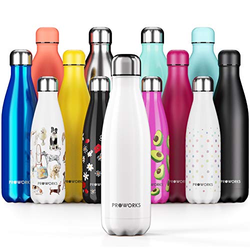 Proworks Bottiglia Acqua in Acciaio Inox, Senza BPA Vuoto Isolato Borraccia Termica in Metallo per Bevande Calde per 12 Ore & Fredde 24 Ore, Borraccia per Sport, Lavoro e Palestra - 1 Litre - Bianco