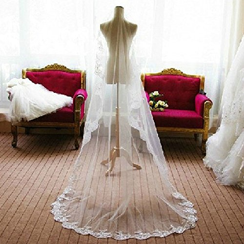TinkSky Mode 2,6 M lange monistisches Stickerei Spitze Kante Dekor Braut Hochzeit Schleier Mantilla (weiß)