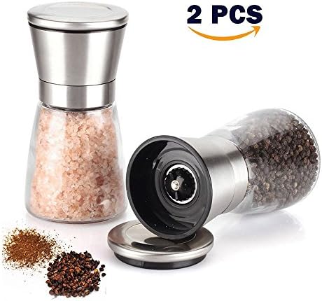 Salt and Pepper Mills Set,Lnkey Manual Grinder 2 in 1 with Adjustable Coarseness,Food grade 304 brushed stainless steel and 95 ceramic inner core,Lead-free high-white glass body keeps your spice fresh