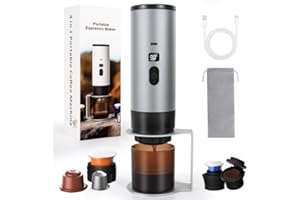SOPPY Machine à café portable avec égouttoir à café, machine à expresso de camping, mini machine àcafé auto-chauffante, compatible avec moulu et capsules de café, grise