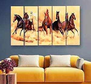 Artdira 7 Horses Vastu Prosperity Multiple Frames Wall Painting For Living Spaces, Bedroom, Hotels & Office With Sparkle Touch 7mm Hard Wooden Board (50 30 inches) AD_MFC_62