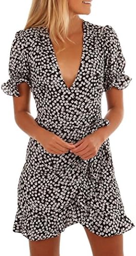 Hevoiok Mini Dress, Women Summer Bohemia V-Neck Short Butterfly Sleeve Floral Print Dress (L, Black)