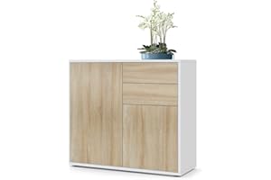 Vladon Cajonera Ben, Cómoda con 2 Puertas y 2 Cajones Blanco Mate/Roble áspero (79 x 74 x 36 cm)