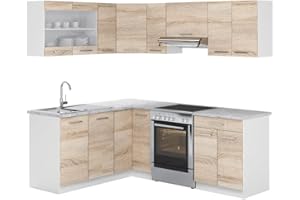 Vicco Cucina angolare completa Rick, Bianco/Sonoma, 207 x 167 cm, PL Marmo