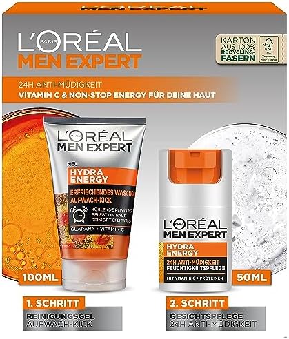 L'Oréal Men Expert Kit per la cura contro la pelle stanca per uomini, set regalo con gel detergente e crema viso 24H anti fatica, regali per uomo con vitamina C, Hydra Energy, 1 x 100 ml, 1 x 50 ml