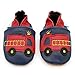 Dotty Fish Soft Leather Baby Shoes with Non Slip Suede Soles. Toddler Shoes. Navy and Red Fire Engine Design for Boys. 18-24 Months
