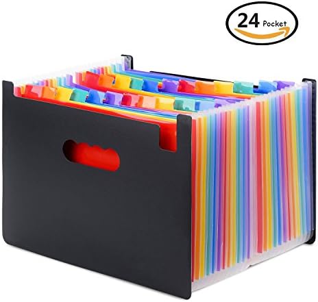 24 Pockets Expanding File Folder, Large Plastic Rainbow A4 Letter Size Organizer Portable Accordion holder, Business Document File Organizer Storage Box,Plastic Business Envelopes File Case with Taps (24)