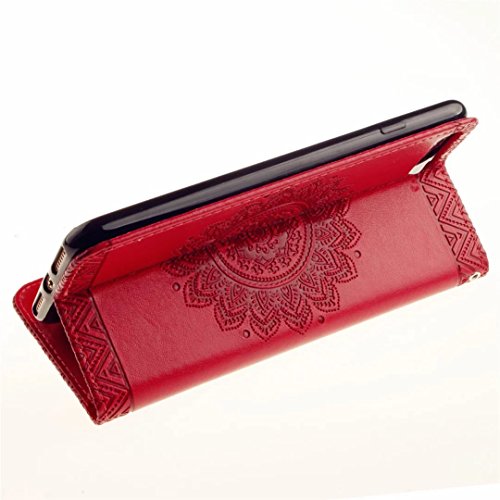 MUTOUREN für iPhone 7 plus 5.5 Zoll Hülle Schutzhülle PU Leder Bookstyle Handyhülle Brieftasche Wallet Schale Portemonnaie Klapphülle mit Standfunktion Taschen kratzfeste Stoßfest Magnetic Snap Bumper Schale – Geprägte Muster indische Mandala Rot + Stylus Touch Pen - 6