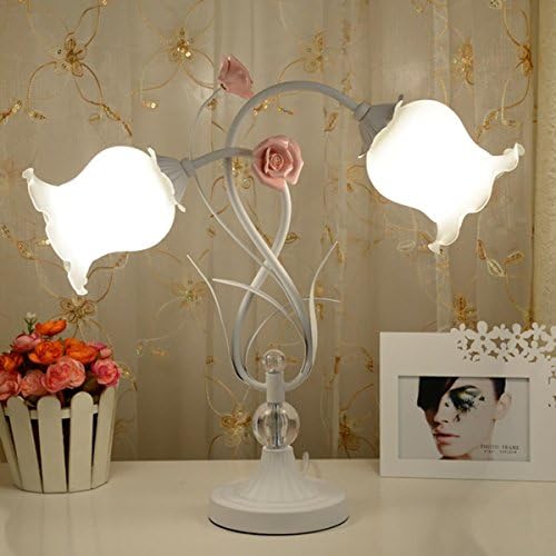 Farmhouse style Double head table lamp with Roses shade Decorated with pink ceramic rose Bedroom bedside lamp