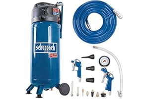 ‎SCHEPPACH Scheppach Kompressor HC51V (1500W, 50 L, 10 bar, Ansaugleistung 220 l/min, Druckminderer, ölfrei, stehende platzsparende Bauweise) - inkl. 13-teiligem Druckluft-Werkzeug-Set + 15 m Gewebeschlauch