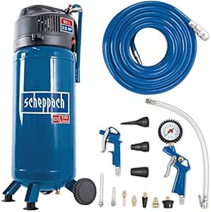 Scheppach Kompressor HC51V (1500W, 50 L, 10 bar, Ansaugleistung 220 l/min, Druckminderer, ölfrei, stehende platzsparende Bauweise) - inkl. 13-teiligem Druckluft-Werkzeug-Set + 15 m Gewebeschlauch