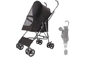 KHUY Hundewagen Hundebuggy Hunde Katzen, Hundebuggy bis 10kg, Regenschirmstruktur Leichter Hundewagen für Kleine Hunde Wagen Buggy Atmungsaktive Installation-freies Design (Color : Black)