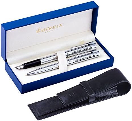 Personalised Laser engraved stylish Set Waterman Fountain Pen and Ballpoint Pen Graduate Chrom + PAGANI Black - Ideal Gift - Comes with Genuine Leather Pen Case Pagani London Collection and Gift Box
