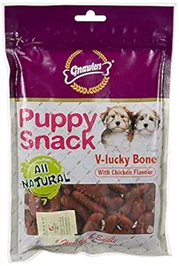 Gnawlers Puppy Snacks V-Lucky Bone Chicken Flaover 270GM (Pack of 2)