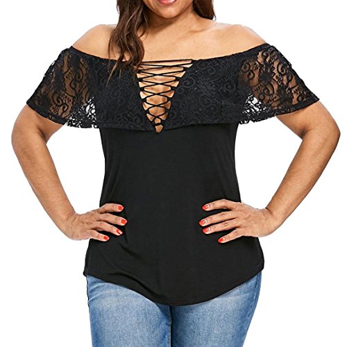 Preisvergleich Produktbild Yvelands Frauen Solide Spitze Schulterfrei Kurzarm Tops Pullover T-Shirt Bluse