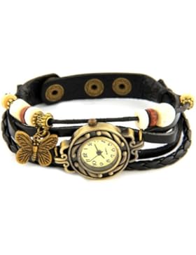 RE:CRON Damen Armbanduhr Leder mit Anhänger Schmetterling schwarz