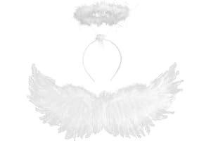 VEYLIN Halloween 60 cm Engelsflügel Weiß mit Heiligenschein, Federflügel für Damen und Mädchen, Kostümparty Verkleidung