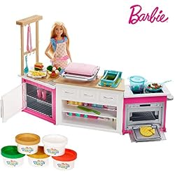 Barbie Métiers Coffret poupée cheffe avec kit cuisine Comprenant Four, Accessoires pour Repas et cinq Pots de pâte à Modeler, Jouet pour Enfant, FRH73