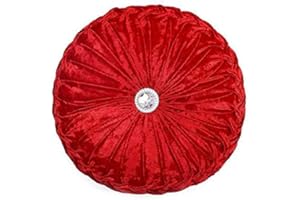 Householdfurnishing Velvet Round Cushion Cover Small & Large Stitched with Diamond (Red, 35 x 35)
