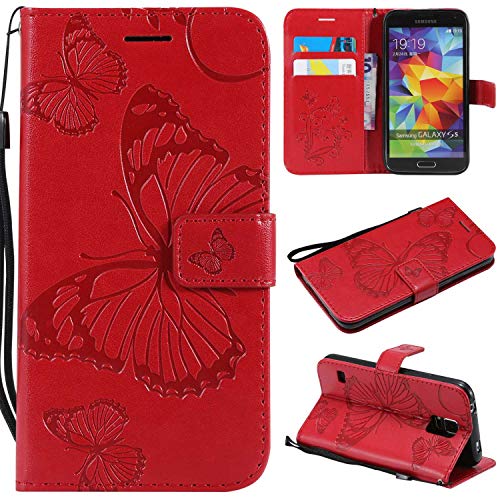 Preisvergleich Produktbild Galaxy S5 Hülle, Conber Lederhülle Handyhülle mit [Kostenlose Schutzfolie], PU Tasche Leder Flip Case Cover Emboss 8D Schmetterling Schutzhülle für SamsungGalaxy S5 - Rot