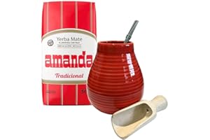 THE YERBA PROJECT Amanda Yerba Mate Tea Set | Natural Strong Energy Drink | Mate Tea Complete Set | Begginer's Kit | Yerba Mate Amanda Elaborada Booster+GUARANA 500g|Ceramic Red Cup Gourd 350ml|Stainless Bombilla