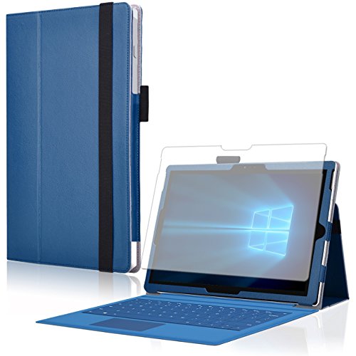 Microsoft Surface Pro 4 Cover Tasche mit praktischer Stand Funktion Case aus robustem Kunstleder und zusätzlicher Displayschutz Glas kombiniert Schutz und Design für Ihr Microsoft Surface Pro 4 Hülle Case in Blau von UC Express®