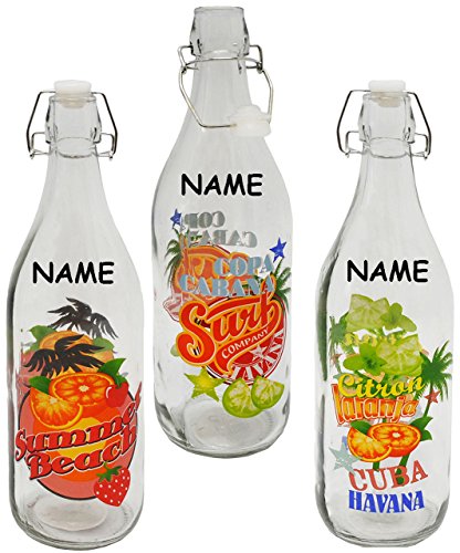 Preisvergleich Produktbild 3 Stück _ Glasflaschen mit Bügelverschluss - " bunte Sommer - Motive / Urlaub " - incl. Name - 1 Liter - aus Glas - Limoflasche - Wasserflasche / Saftflasche - Party / Kinder & Erwachsene - mehrweg Camping Set / Flasche - Cocktail Bowleset - Saft - Glaskaraffe - Saftflaschen - Weithals - Schraubverschluß - Glasbehälter / Bügelverschluß - Schnappverschluß - Einmachflasche Likörflasche mit Bügel - retro Design