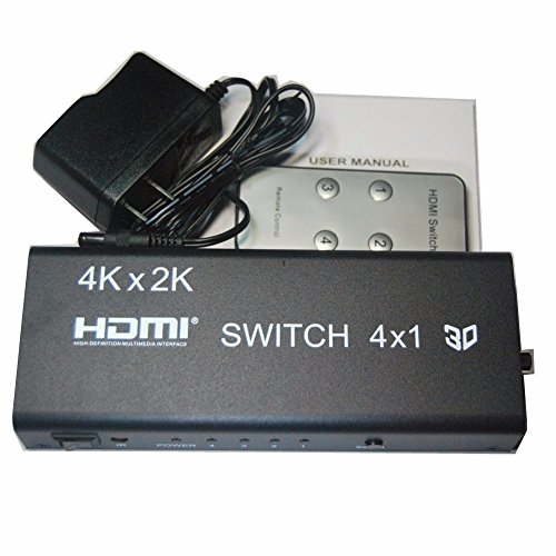 ekobuy® 4 Port HDMI Switch mit Fernbedienung und optische Toslink, Switcher 4 Port, vergoldete Stecker, 3D 4 K Unterstützung, 5.1 Audio Unterstützung HDMI V1.4b für HDTV, PS3, PS4, Xbox One, 360, Bluray Player, DVD-Player etc. (4Port Powered) - 5