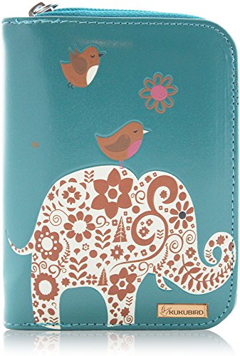 KUKUBIRD Elephant & Dos chotacabras Mediano tamaño Damas Embrague Billetera de Cuero Azul