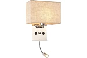 LANMOU Lámpara de Pared Interior, Lámpara de Pared Mesita de Noche con Lámpara de Lectura LED Flexo y Puerto USB, E27 Aplique Pared Dormitorio con Interruptor, Pantalla de Tela Beige, Blanco Cálido