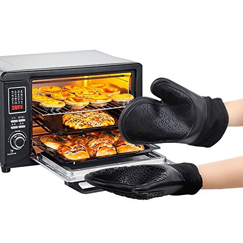 Jonhen Ofenhandschuhe Silikon Hitzebeständige, Topfhandschuhe Topflappen zum Küche,Backen,Kochen,Barbecue,Grillen,1 Paar,Schwarz,Gratis Bürste & Topf Halter - 5