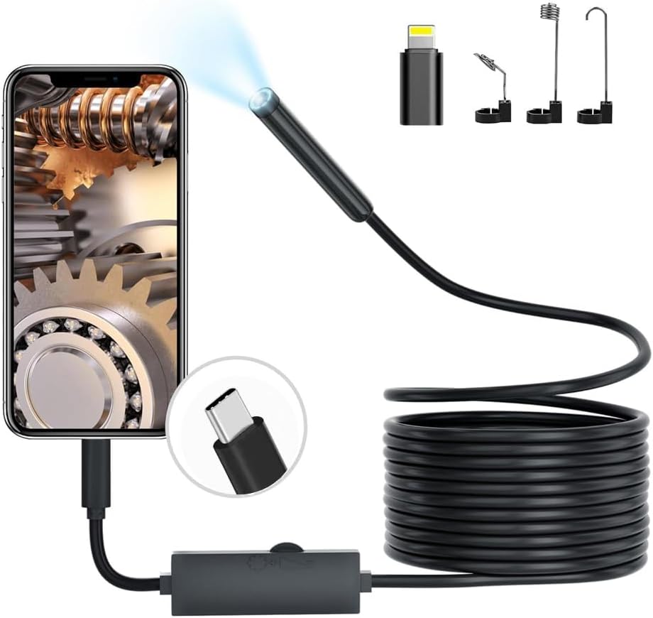 Picache Caméra d'inspection endoscopique, endoscope 1920p 7,9 mm IP68, sonde étanche, 5 m avec 8 LED pour iOS/Android (pas de WiFi nécessaire)