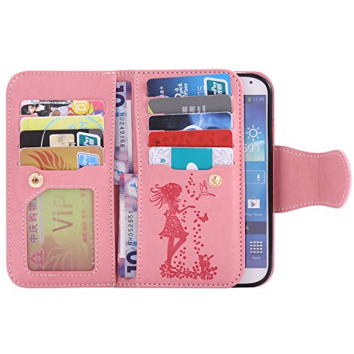 Galaxy S4 Hülle,Galaxy S4 Schutzhülle,Galaxy S4 Leder Hülle,ikasus® Prägung Floral Blumen Mädchen und Katze Vögel Muster PU Lederhülle Flip Hülle im Bookstyle Cover Schale Slim Fit Soft Silikon Magnetverschluss Schutzhülle PU Leder Hülle Flip Wallet Case Kunstleder Tasche Cover mit Standfunktion und Kartenfächer Tasche Wallet Case für Samsung Galaxy S4 i9500 – Mädchen und Katze:Rosa - 3