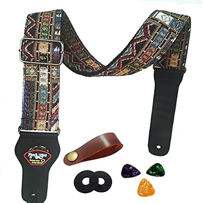 Enbite Sangle de Guitare Style vintage Tissé Réglable Acoustique Guitare électrique Basse Sangle avec des Extrémités en Cuir, Pics, Bundle, Bouton (Jaune)