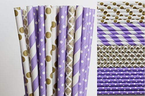Gold and Lavender Paper Straw Mix - Polka Dot, Striped, Damask (100) by Creative Juice Cafe