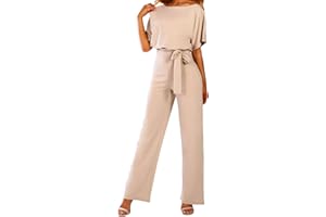 Générique Femmes Combishort Uni à Manches Longues Combi-Short DéContracté à Col Rond Et Manches Chauve-Souris Combinaison Pantalon Large CeinturéE avec Ceinture