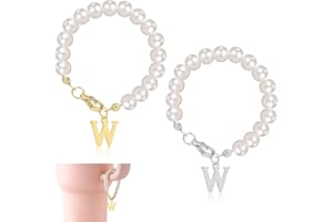 NQEUEPN 2pcs Letter Charms for Stanley Cup, Alphabet Pendant Tumbler Pearl Handle Charms Chain Personalized Name ID Initial Letter Decorations for Stanley Tumbler Accessories(Letter W)