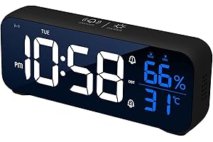 VINILITE Cyfrowy budzik z wyświetlaczem temperatury/wilgotności budzik LED przenośny zegar cyfrowy, funkcja drzemki / 2 alarm/port ładowania USB