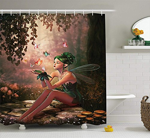 BUZRL Fairy Shower Curtain, Girl with Wings and Butterflies Digital Composition Computer Graphics Elven Creature, Fabric Bathroom Decor Set with Hooks, 60W X 72L Inches Extra Long