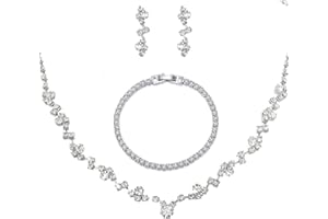 BEYEQCEZ Set di gioielli da sposa con strass scintillanti set di braccialetti con orecchini nappe di cristallo, Set di orecchini da sposa con strass in argento, collana da sposa in argento,girocollo da sposa