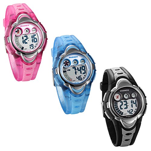 JewelryWe Junge Mädchen Kinder Armbanduhr Sportuhr, 12 H 30M Wasserdicht Multifunktion Digital Uhr mit LED Licht/Alarm Stoppuhr/Datum und Tag Silikon Armband Farbe: Pink, Schwarz, Blau