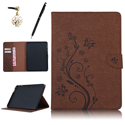HB-Int 3 in 1 Flip PU Leder Schutzhülle für Samsung Galaxy Tab 4 SM-T530 T535 (10.1") Brieftasche Book Style Lederhülle Standfunktion Shell Blumen Schmetterling Drucken Kreditkartenfächer Tasche Magnetverschluss Rundum Mode Braun Ledertasche Klapp Protective Wallet Case Folio Handy Etui Kunstleder Schale Pocket Holster Beschützer Haut Weich Silikon Back Case Stylus Pen + Staub Stecker