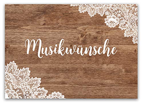 Happy Wedding Art Musikwünsche Karten Rustik Hochzeit 50er Set Vintage Holz Optik A7 DIN Gastgeschenk Spiel