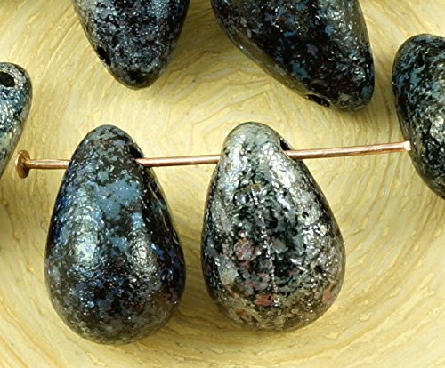 4pcs Picasso Silver Opaque Jet Black Rough Rustic Etched Extra Large Teardrop Czech Glass Beads 12mm x 18mm